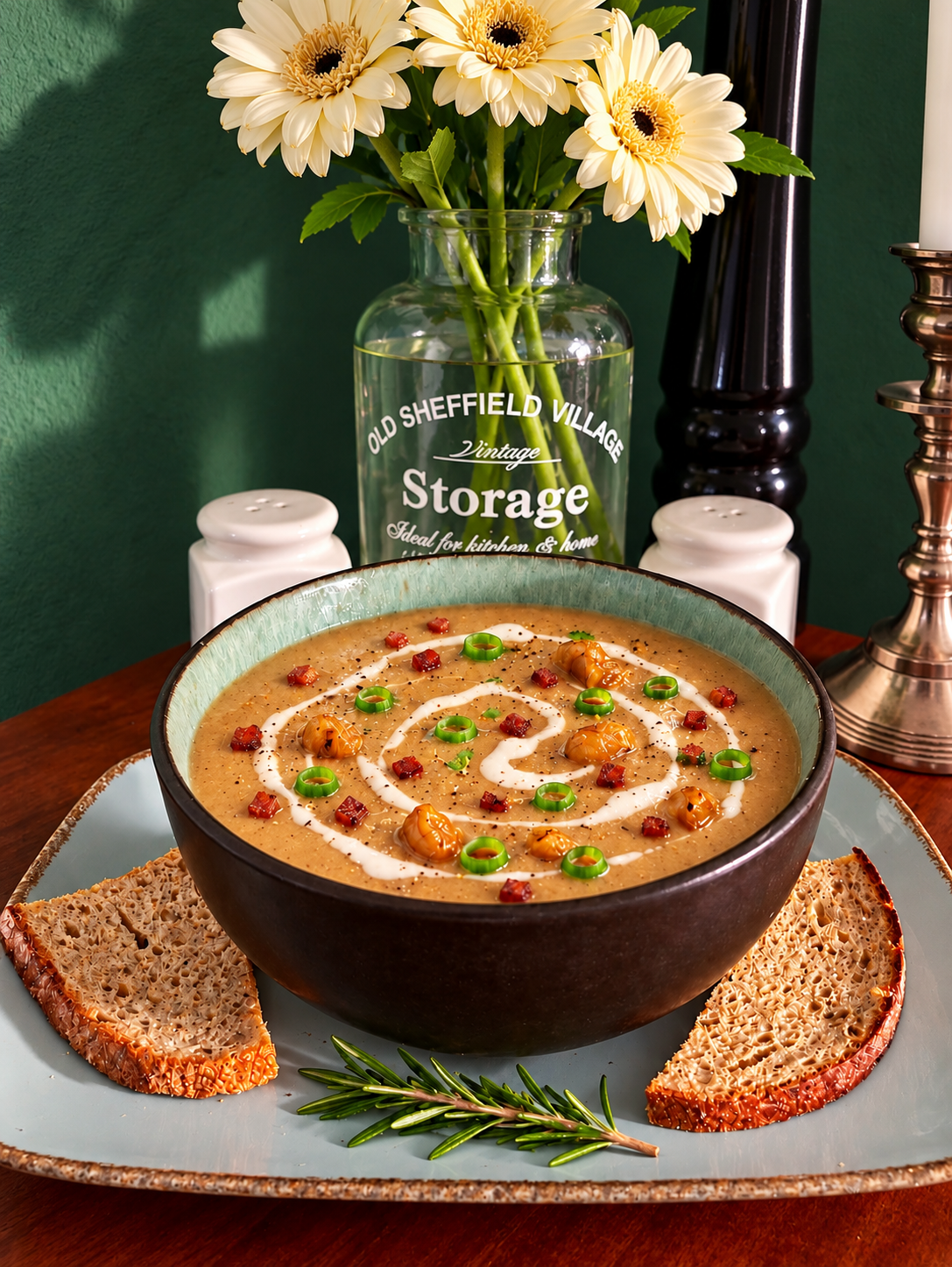 Creamy vegan Albanian chestnut soup served in a dark bowl with a turquoise rim, decorated with a spiral of vegan cream, roasted chestnut pieces, crispy vegan bacon cubes and green leek rings, accompanied by rustic bread and fresh rosemary on a ceramic plate.