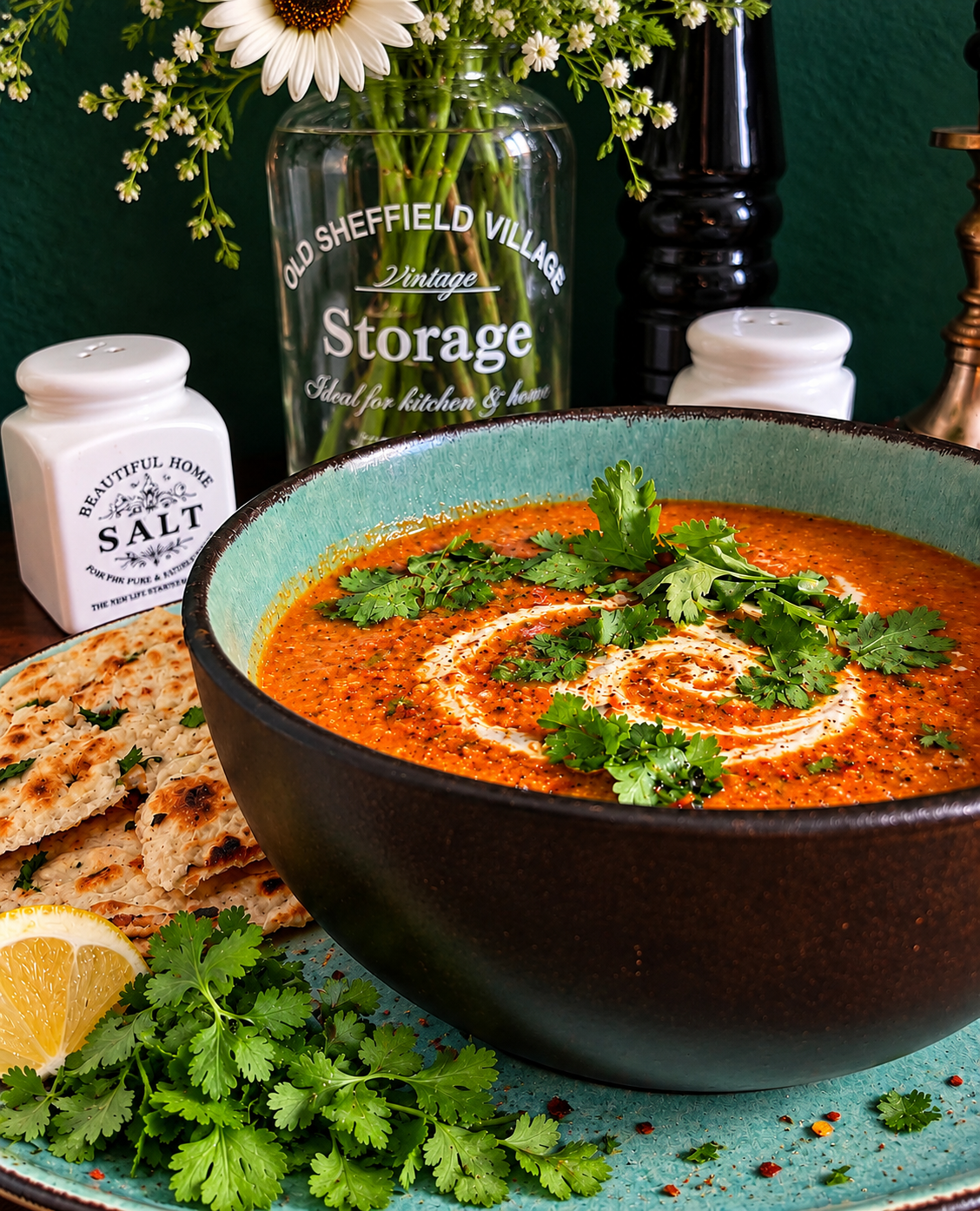 Armenian Roasted Eggplant Soup in a rustic dark bowl with a turquoise interior, garnished with fresh coriander and a swirl of vegan sour cream, served with flatbread and lemon on a turquoise plate.