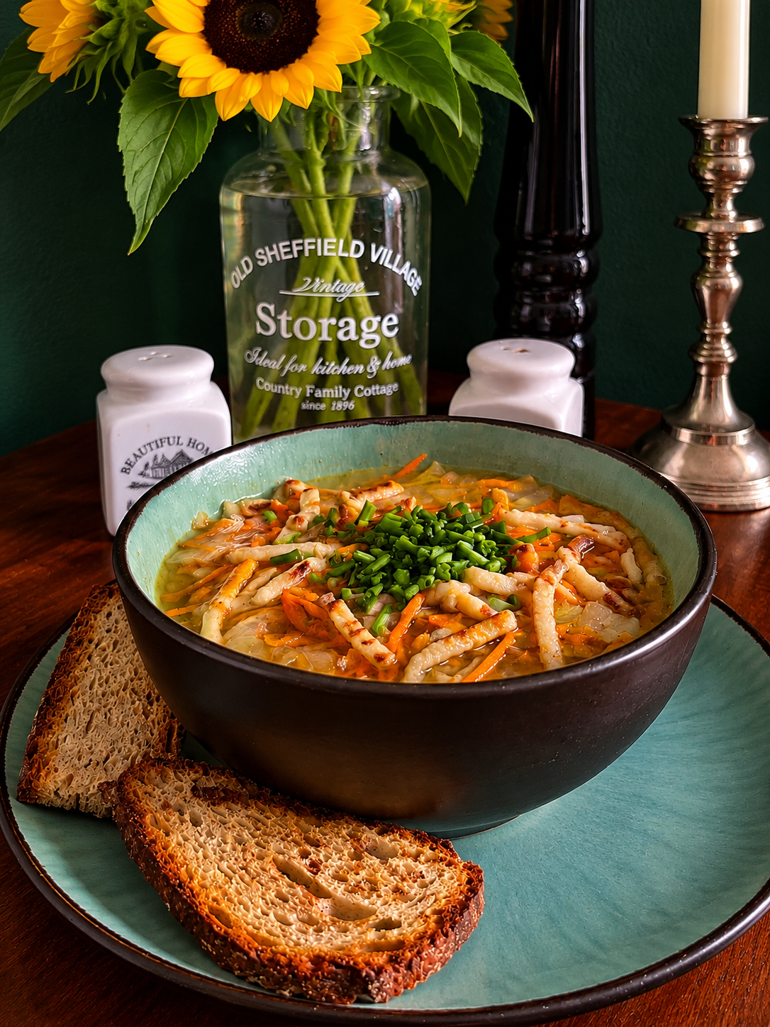 Austrian vegan Frittatensuppe served in a dark ceramic bowl with a turquoise interior, featuring golden chickpea flour pancake strips, fine carrot and celeriac strips, leek and freshly chopped chives in vegetable broth, accompanied by rustic bread on a matching ceramic plate.