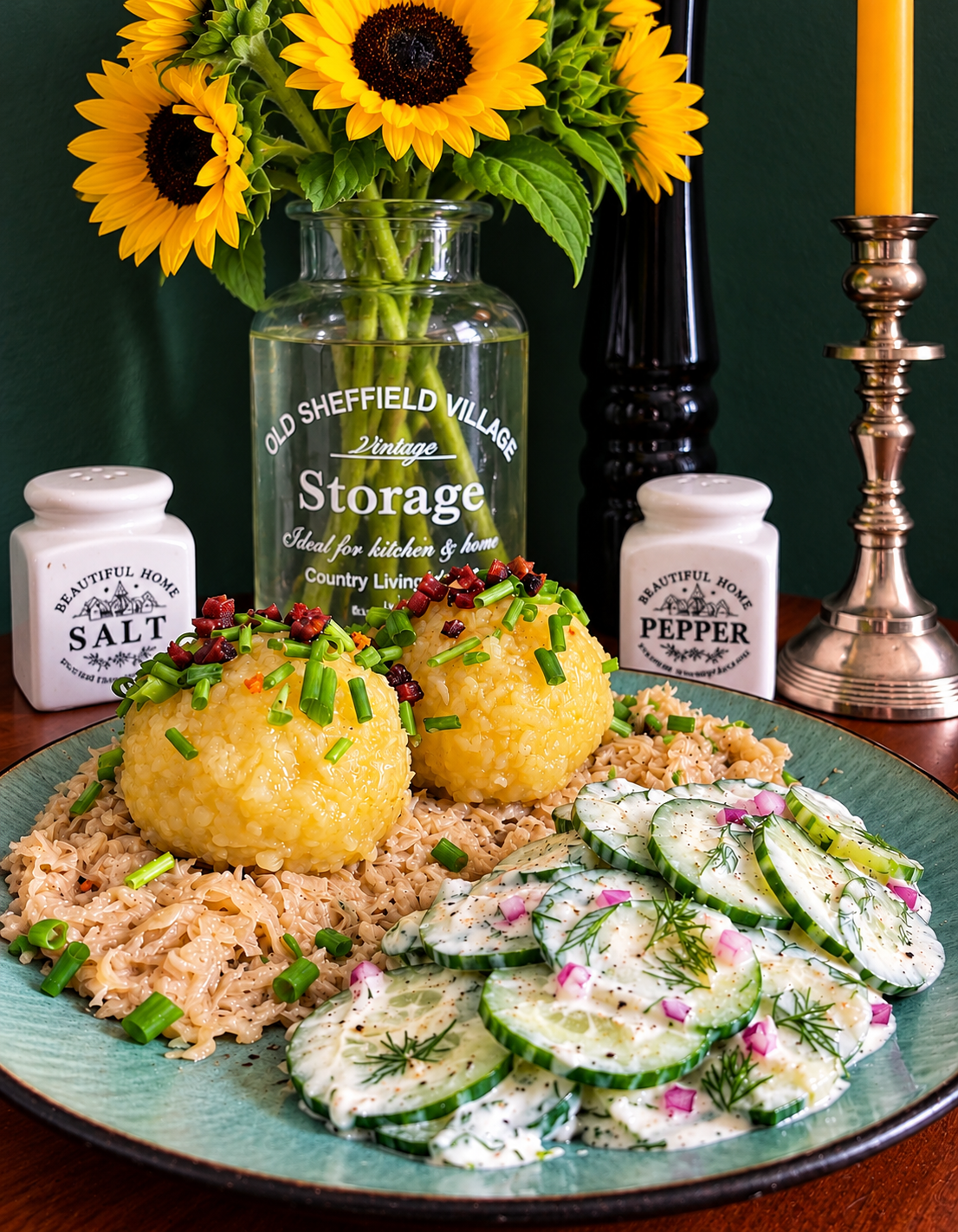 Two golden vegan Austrian potato dumplings filled with plant-based ham cubes, garnished with fresh chives and crispy vegan ham, served on creamy sauerkraut alongside a cucumber salad with dill, red onion and vegan yoghurt on a turquoise ceramic plate.