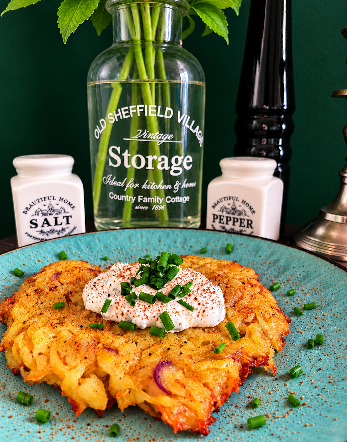 Golden Belarusian Draniki shaped into potato hearts, topped with vegan sour cream, fresh chives and spices, served on a turquoise ceramic plate.