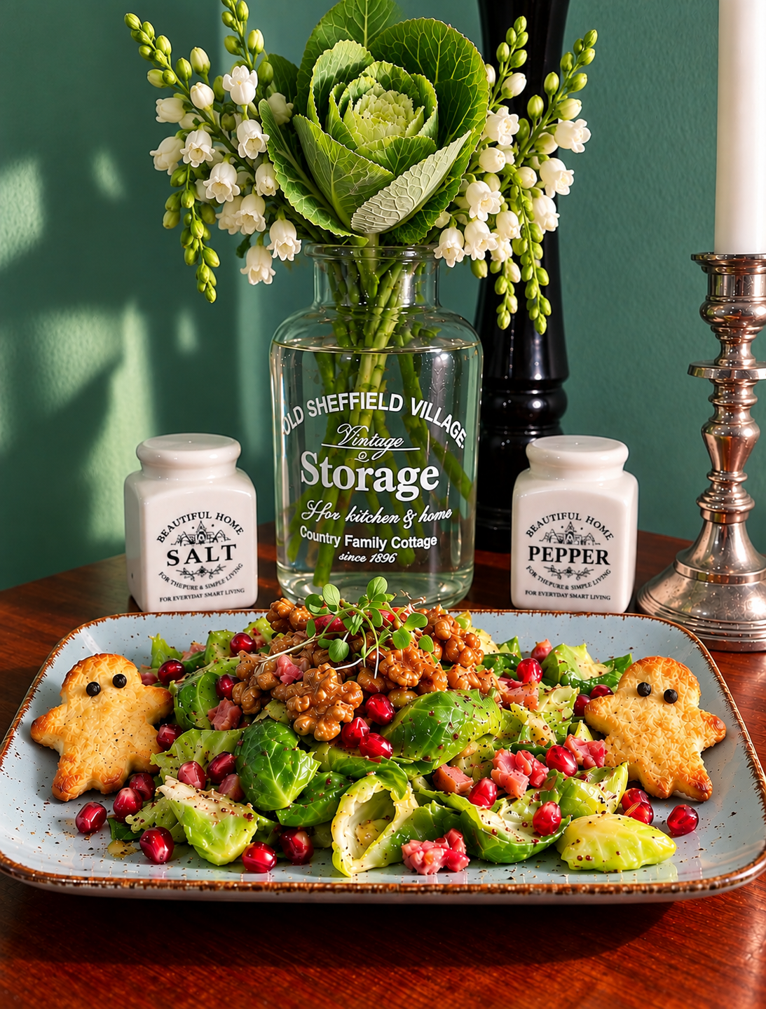 Warm Belgian-inspired Brussels sprout salad with blanched green leaves, crispy vegan ham cubes, caramelized walnuts, pomegranate seeds and two ghost-shaped pizza dough decorations.