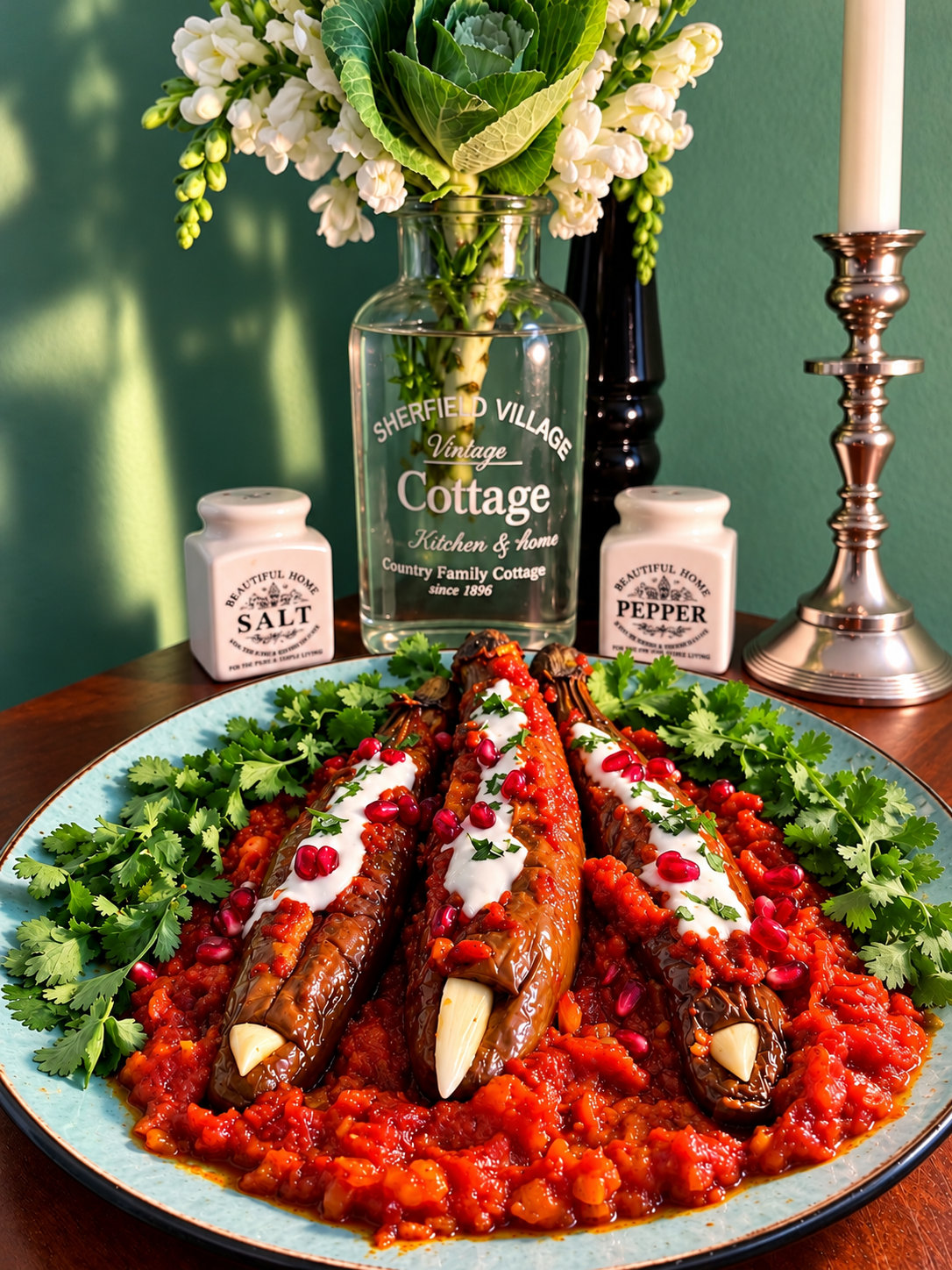 Whole Japanese eggplants stuffed with spicy tomato sauce, topped with creamy vegan garlic yogurt, fresh coriander, dried mint and pomegranate seeds – vegan Borani Banjan inspired by Central Asian cuisine.
