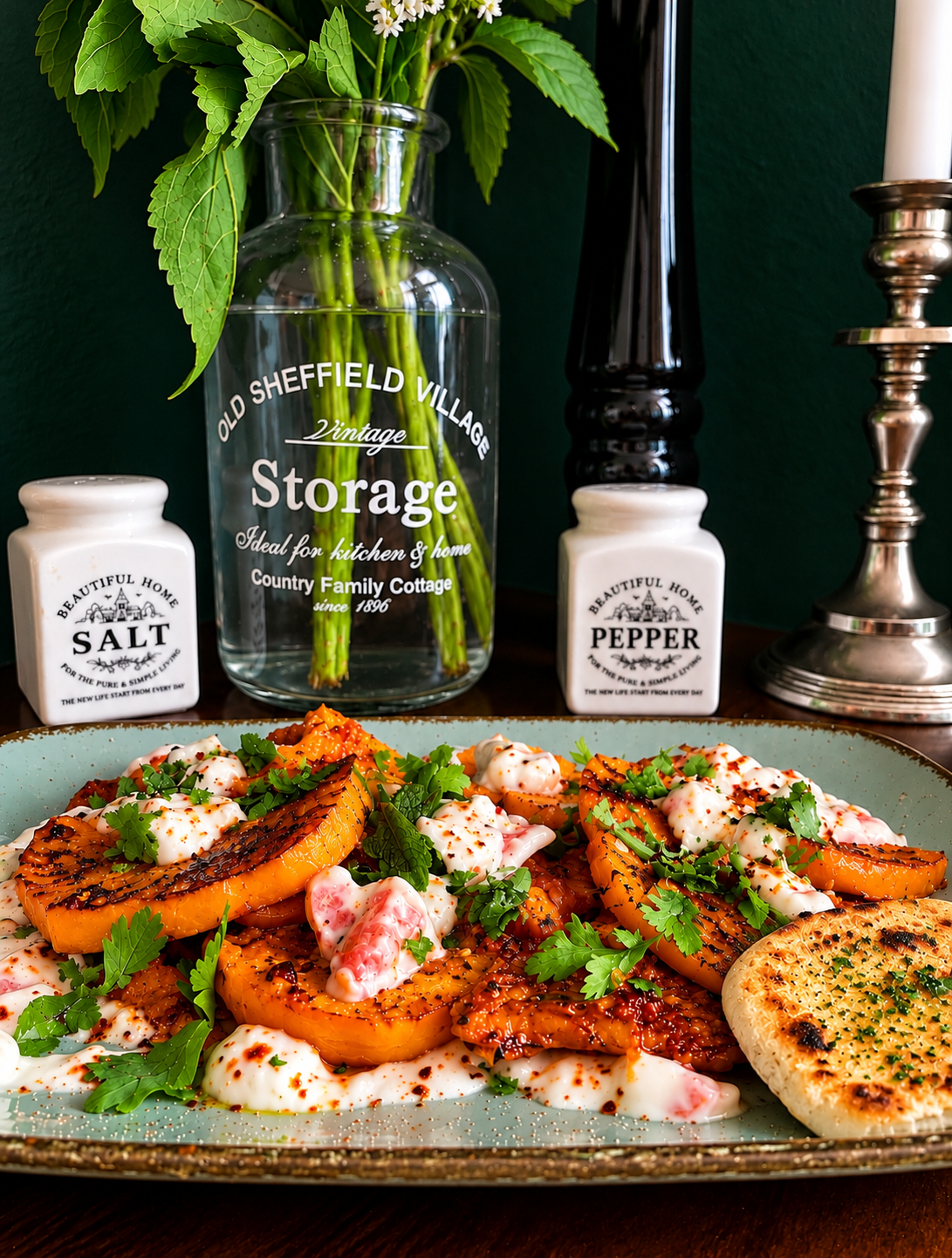 Afghan Borani Kadoo with golden pumpkin wedges in spiced tomato sauce, creamy vegan Chaka, fresh coriander and mint, served with garlic flatbread on a turquoise plate.