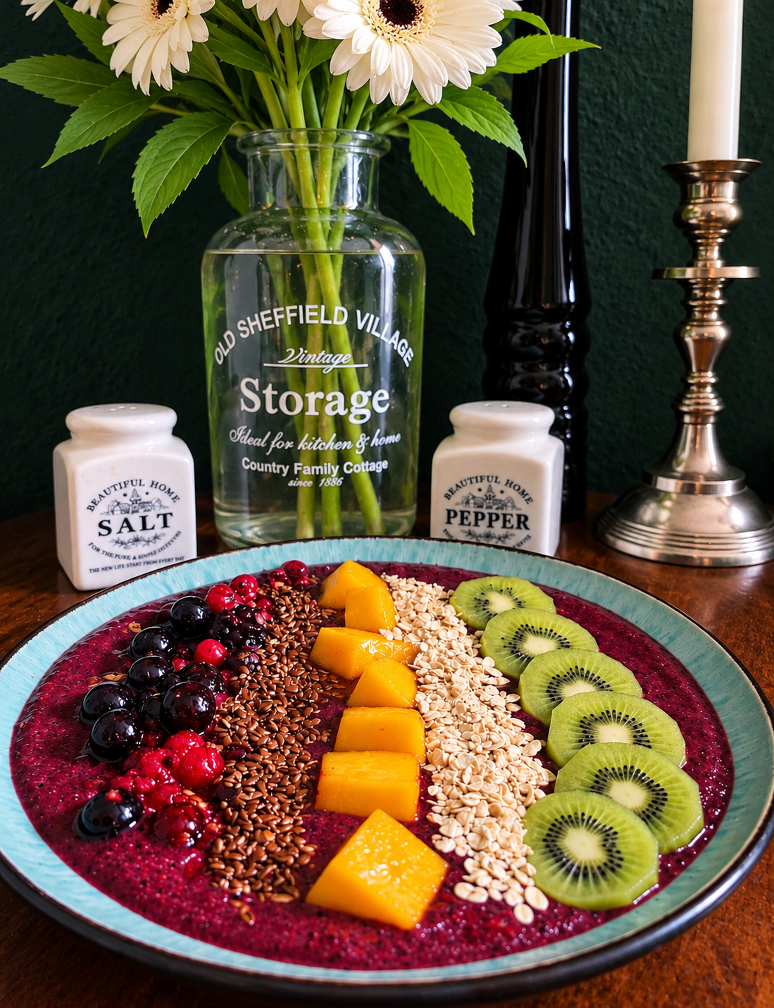 Brazilian vegan açaí power bowl on a turquoise ceramic plate, featuring a deep-purple açaí and soy yoghurt base decorated in colorful rows of blueberries, redcurrants, mango cubes, kiwi slices, rolled oats and ground flaxseeds, with white flowers in a vintage glass vase in the background.