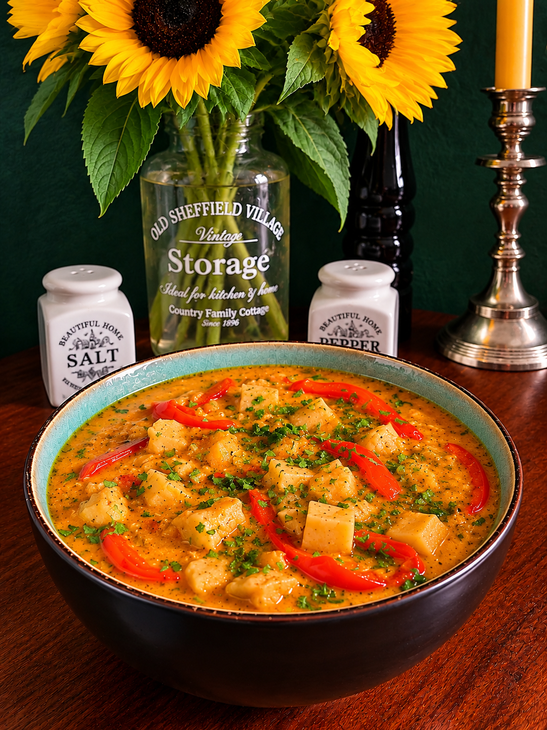 Brazilian vegan celeriac moqueca served in a turquoise ceramic bowl, featuring tender celeriac cubes, red bell pepper strips, tomatoes and fresh coriander in a creamy orange coconut and turmeric sauce, accompanied by yellow sunflowers and vintage kitchen accessories.