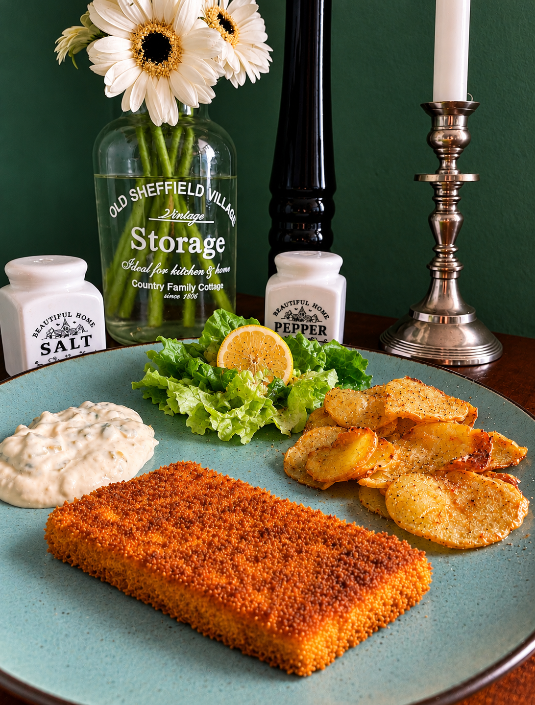 British Vegan Fish & Crisps featuring a large golden-brown breaded tofu fillet, thin crispy potato slices, homemade creamy vegan remoulade and fresh lettuce with lemon, served on a turquoise ceramic plate against a dark green kitchen background.
