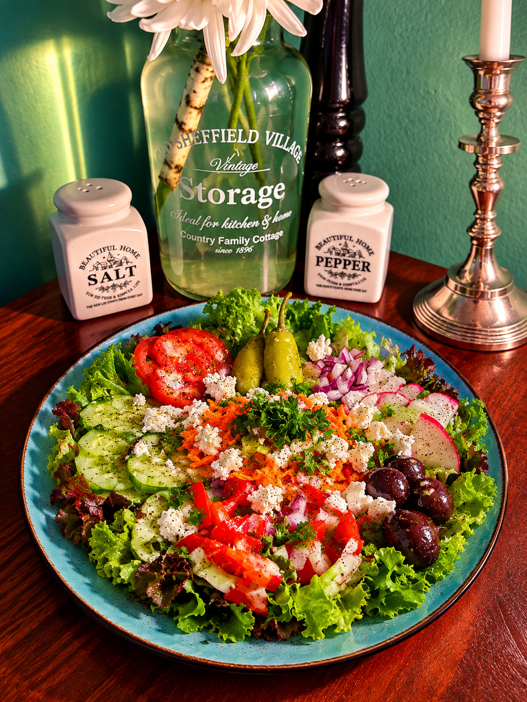 Vegan Bulgarian Shopska Salad on a turquoise plate with tomatoes, cucumber, red bell pepper, radishes, carrots, black olives, mild green pickled peppers, red onion, leafy greens, vegan feta alternative and creamy cucumber dressing.