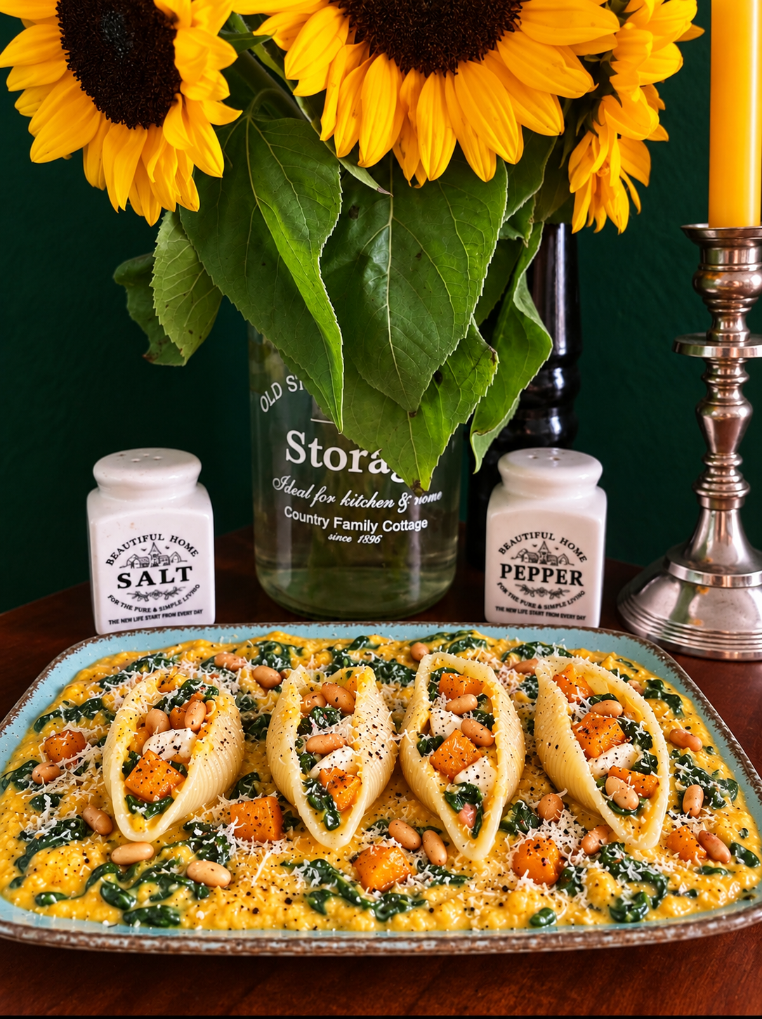 South African-inspired vegan stuffed conchiglioni pasta filled with roasted butternut squash, spinach and vegan mozzarella, served in creamy golden pumpkin sauce with toasted pine nuts and vegan Parmesan on a turquoise plate.
