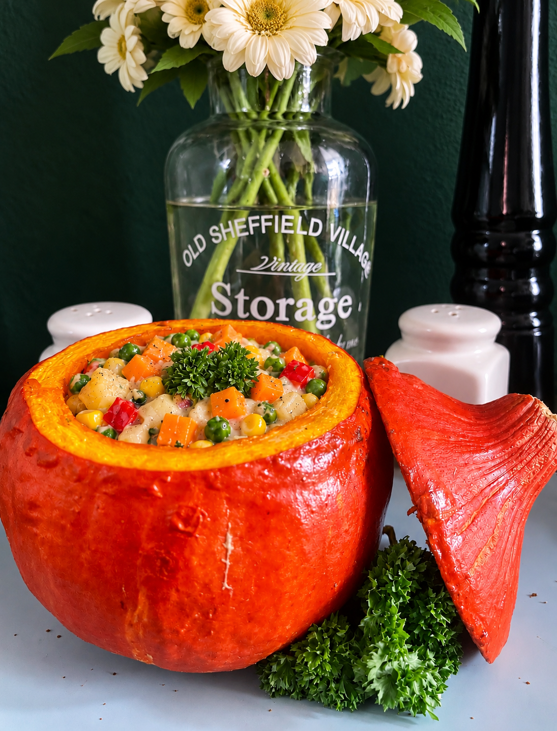 Bolivian Carbonada de Zapallo served in a roasted Hokkaido pumpkin filled with potatoes, corn, peas, carrots, red bell pepper and creamy vegan cheese, garnished with fresh parsley.