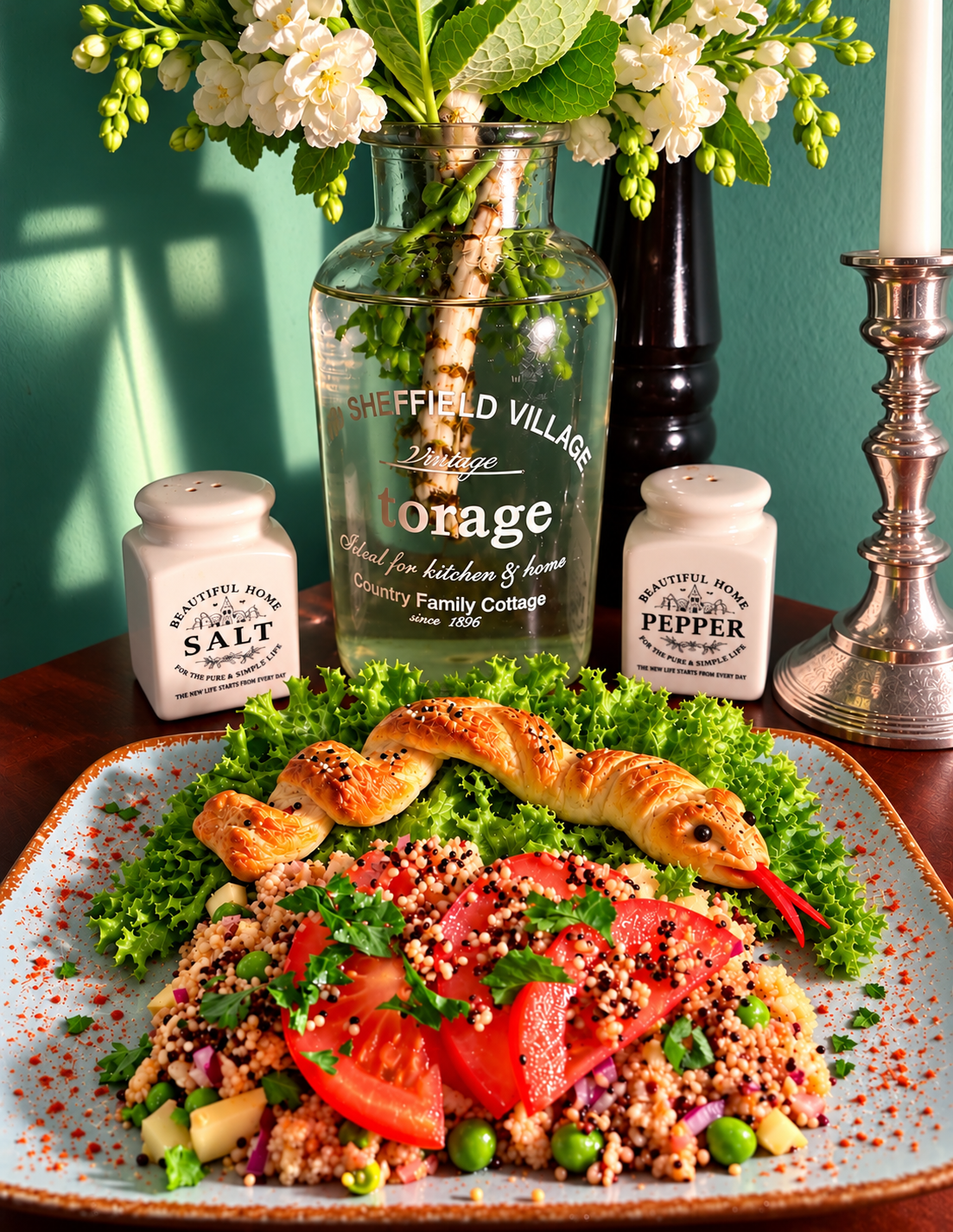 Vegan Salade Bassamoise from Côte d’Ivoire with colorful couscous, plant-based tuna, fresh vegetables, green peas and herbs, served on lettuce leaves with a homemade Halloween pizza dough snake.
