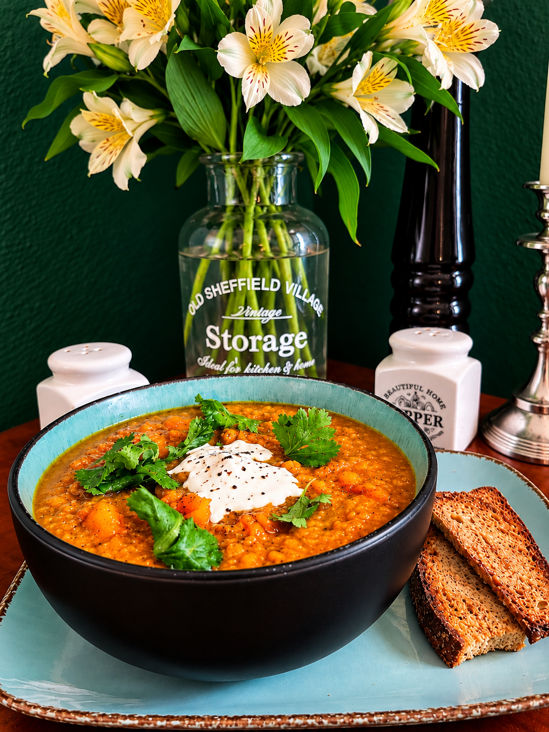 Creamy Dominican Crema de Auyama pumpkin soup made with Sombra pumpkin, thyme and coriander, topped with vegan sour cream and served with toasted bread.