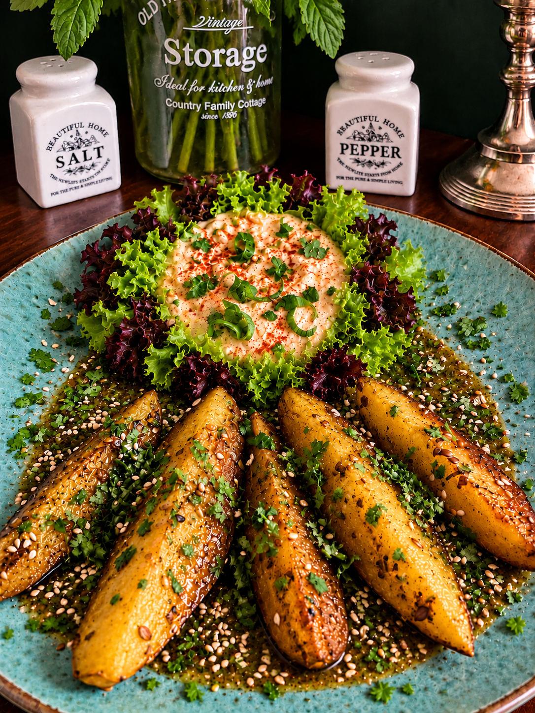 Cypriot Roasted Potatoes with fresh coriander, toasted sesame seeds and a pomegranate glaze, served with creamy vegan tahini yoghurt dip surrounded by fresh green and burgundy lettuce on a turquoise ceramic plate.
