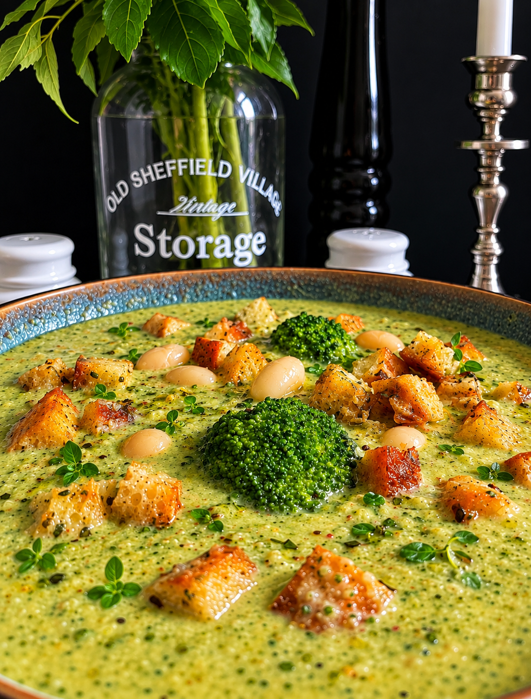 Czech Broccoli & White Bean Soup served in a rustic ceramic bowl, topped with fresh broccoli florets, whole white beans, golden homemade garlic naan croutons and fresh green herbs, photographed against a dark green kitchen background.