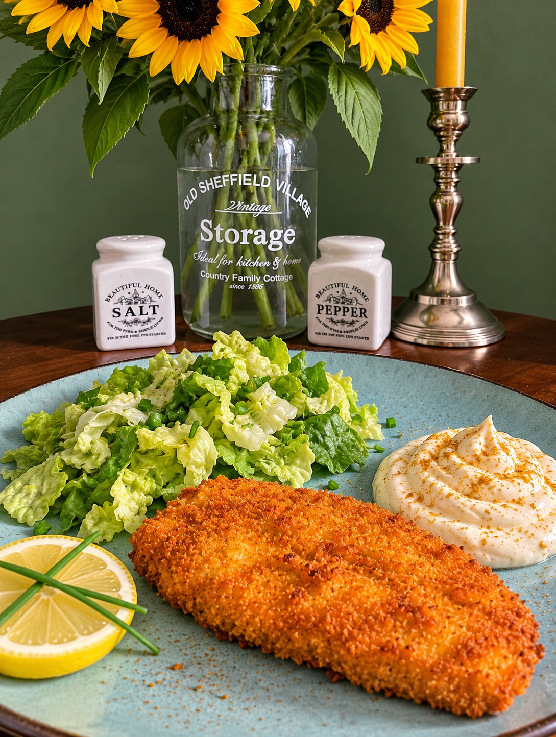 Danish vegan breaded celeriac schnitzel with a golden crispy breadcrumb coating, served on a turquoise ceramic plate with fresh green lettuce and chives, a piped swirl of homemade vegan curry mayonnaise and a lemon slice garnished with crossed chive stems.