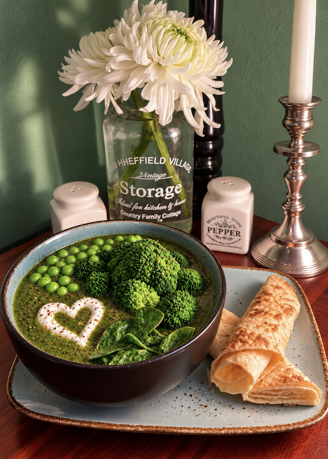 Vegan Dominica Callaloo soup with spinach, okra, broccoli and green peas, decorated with two coconut cream hearts and crispy spinach leaves, served with rolled flatbread.