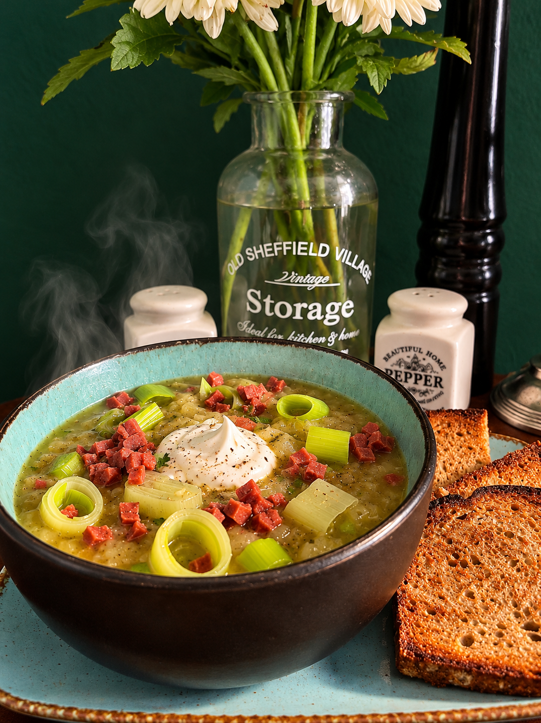 Creamy Dutch potato leek soup in a rustic black and turquoise bowl, topped with crispy vegan bacon cubes, fresh leek rings and a piped swirl of vegan sour cream, served with toasted bread.