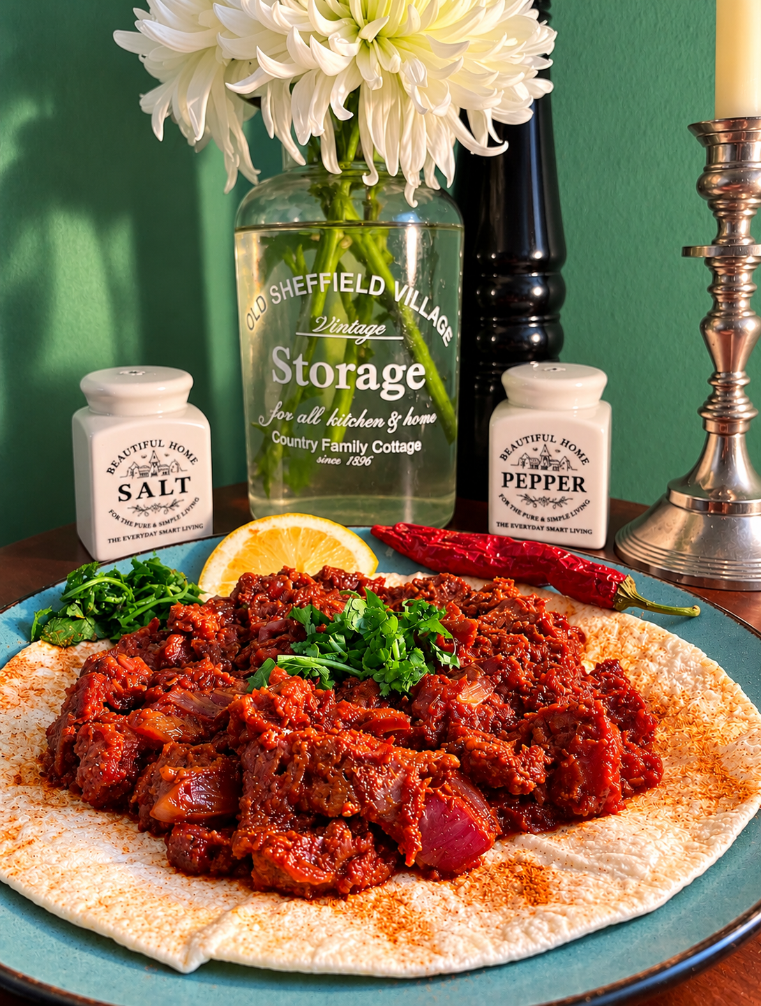 Vegan Eritrean Zigni with spicy tomato sauce, tender plant-based steak strips, caramelized red onions and fresh coriander, served on flatbread with lemon and red chilli.