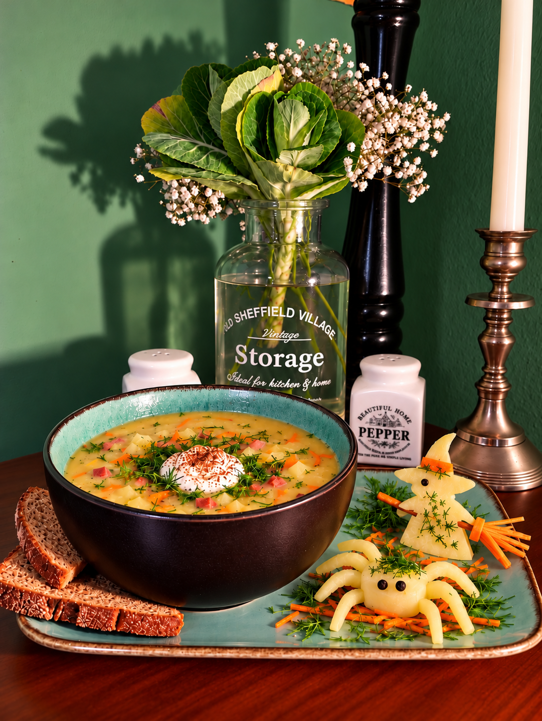 Creamy Estonian-inspired kohlrabi soup with potatoes, carrots, fresh dill, crispy vegan bacon and plant-based sour cream in a dark bowl, served with rye bread, a handmade kohlrabi witch holding a carrot broom and a kohlrabi spider on a bed of carrot strips and dill.