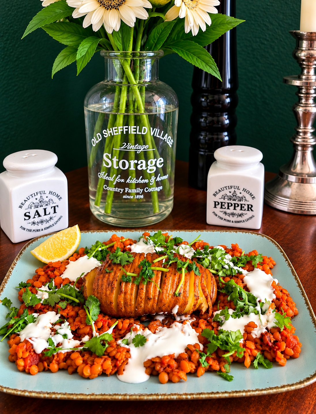 Ethiopian Red Lentil Wot with golden Hasselback sweet potato, creamy vegan sour cream and fresh coriander, served with a citrus wedge on a turquoise ceramic plate.