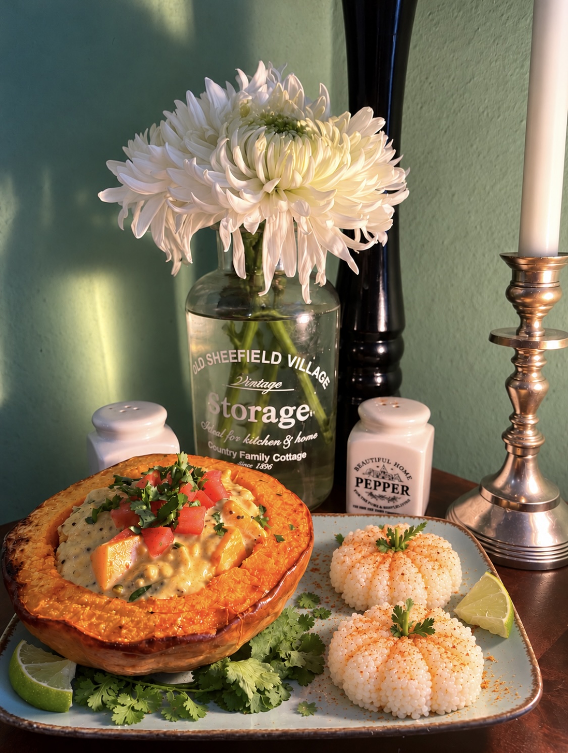 Vegan Fijian-inspired Kaddu Tarkari served inside a roasted muscat pumpkin filled with creamy coconut pumpkin curry, garnished with fresh coriander and diced tomatoes, accompanied by two small pumpkin-shaped basmati rice portions decorated with coriander stems, on a turquoise plate with lime wedges.