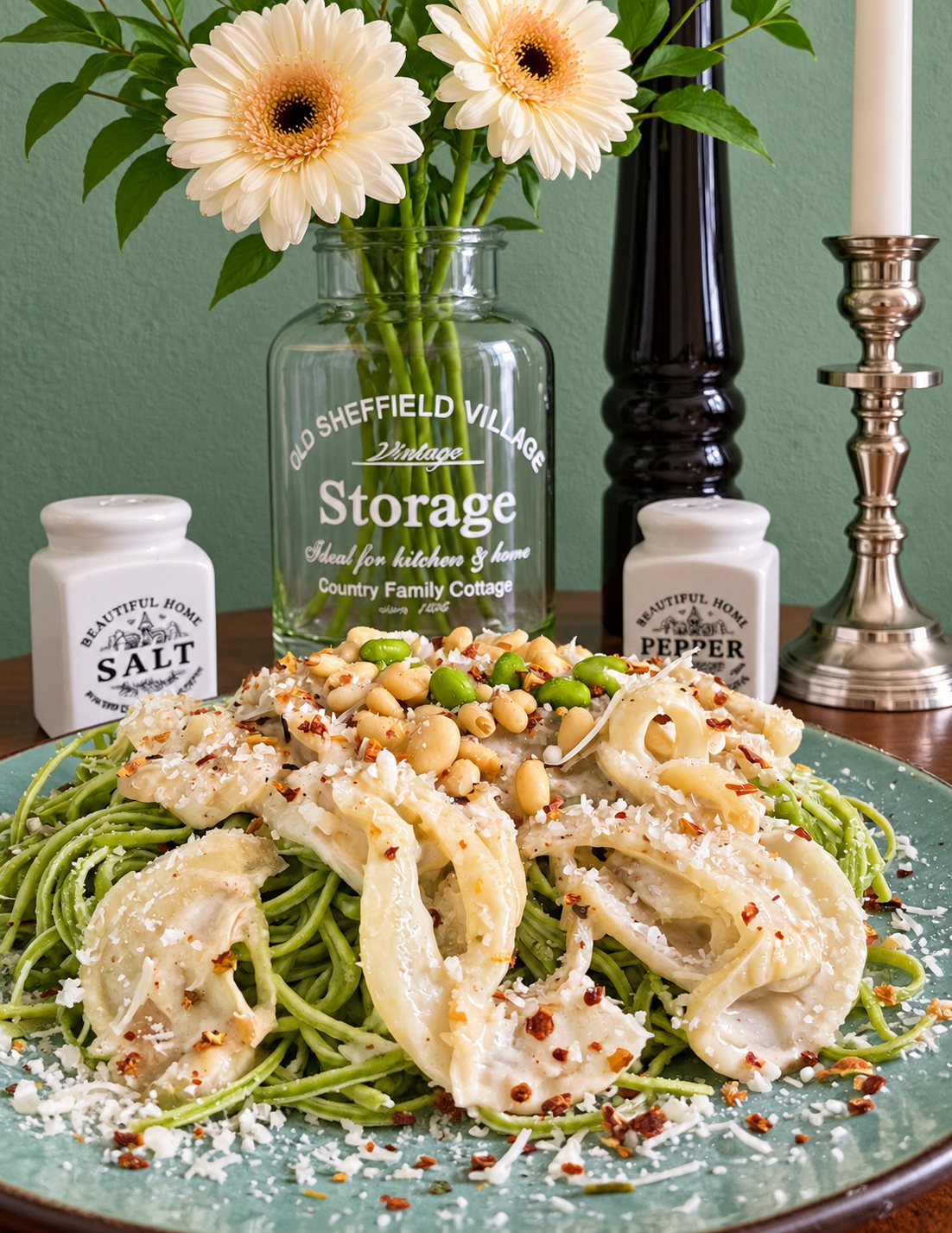 Vegan French Onion Pasta with Edamame Spaghetti, caramelized onions, creamy vegan cheese sauce, toasted pine nuts, pistachios and grated vegan Parmesan.