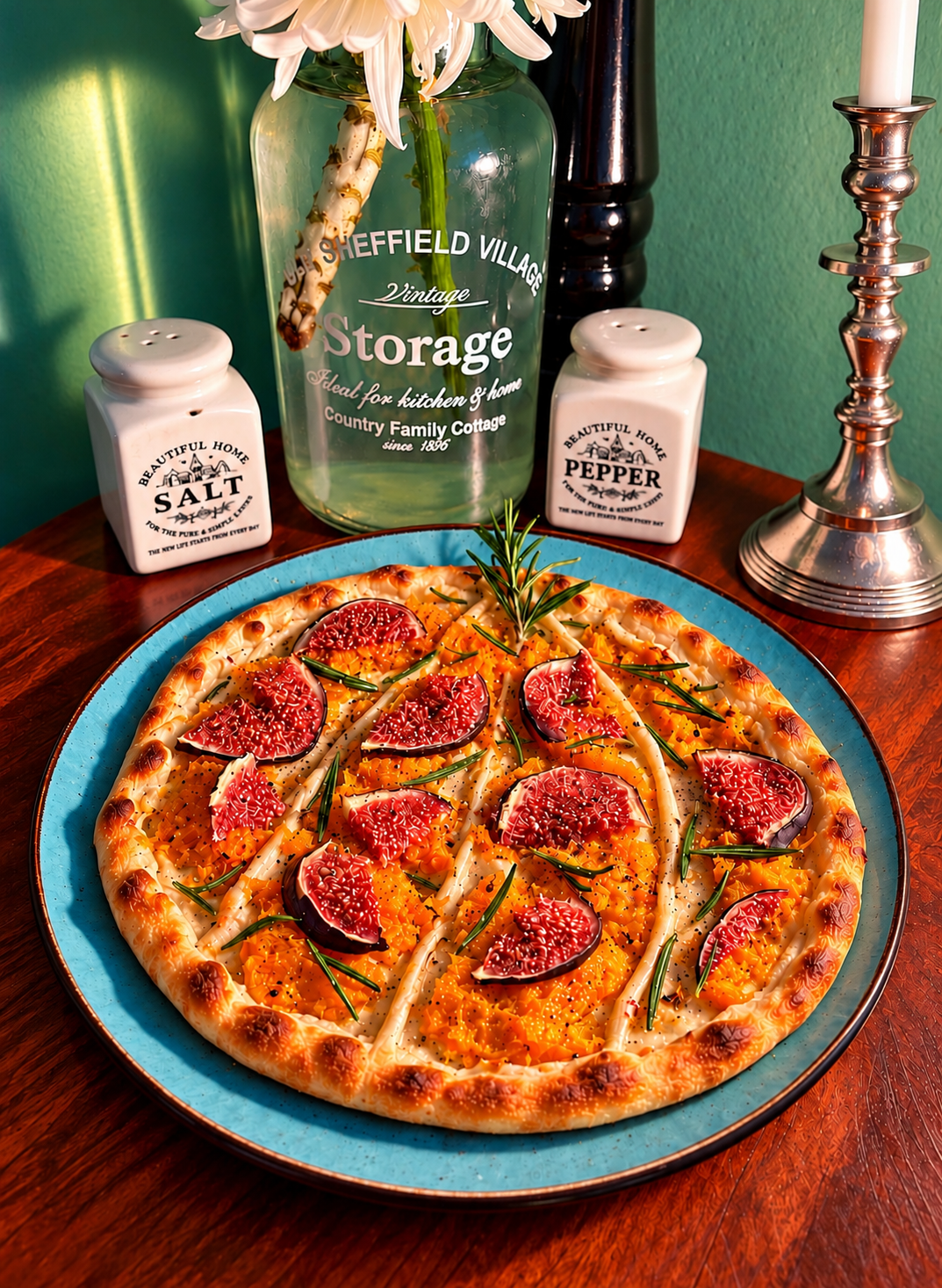 Two pumpkin-shaped vegan Alsatian Flammkuchen made with homemade dough, Muscat pumpkin purée, fresh figs, rosemary, chili oil and maple syrup.