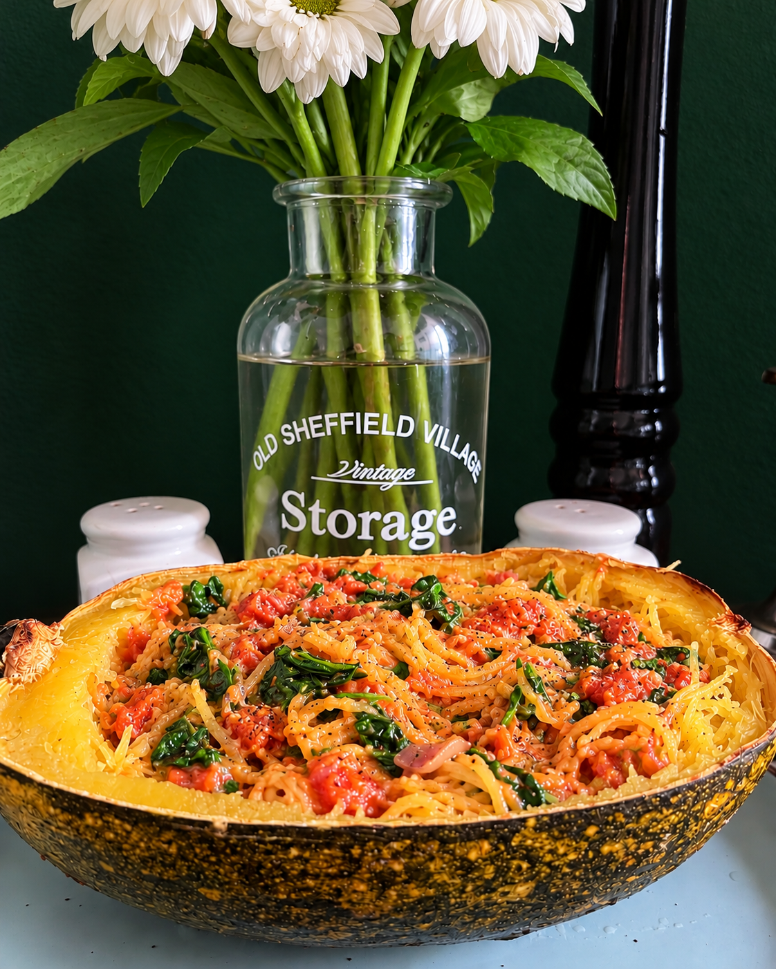 Ghanaian Palava Sauce with spinach, tomatoes and peanut butter served inside roasted spaghetti squash halves with golden vegetable strands.