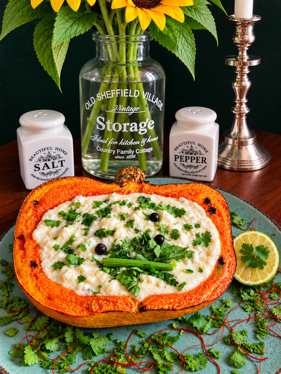 Vegan Filipino Ginataang Kalabasa at Sitaw with creamy coconut sauce, yardlong beans, garlic, ginger and chili, served inside a roasted Hokkaido pumpkin bowl with fresh coriander and spring onion.
