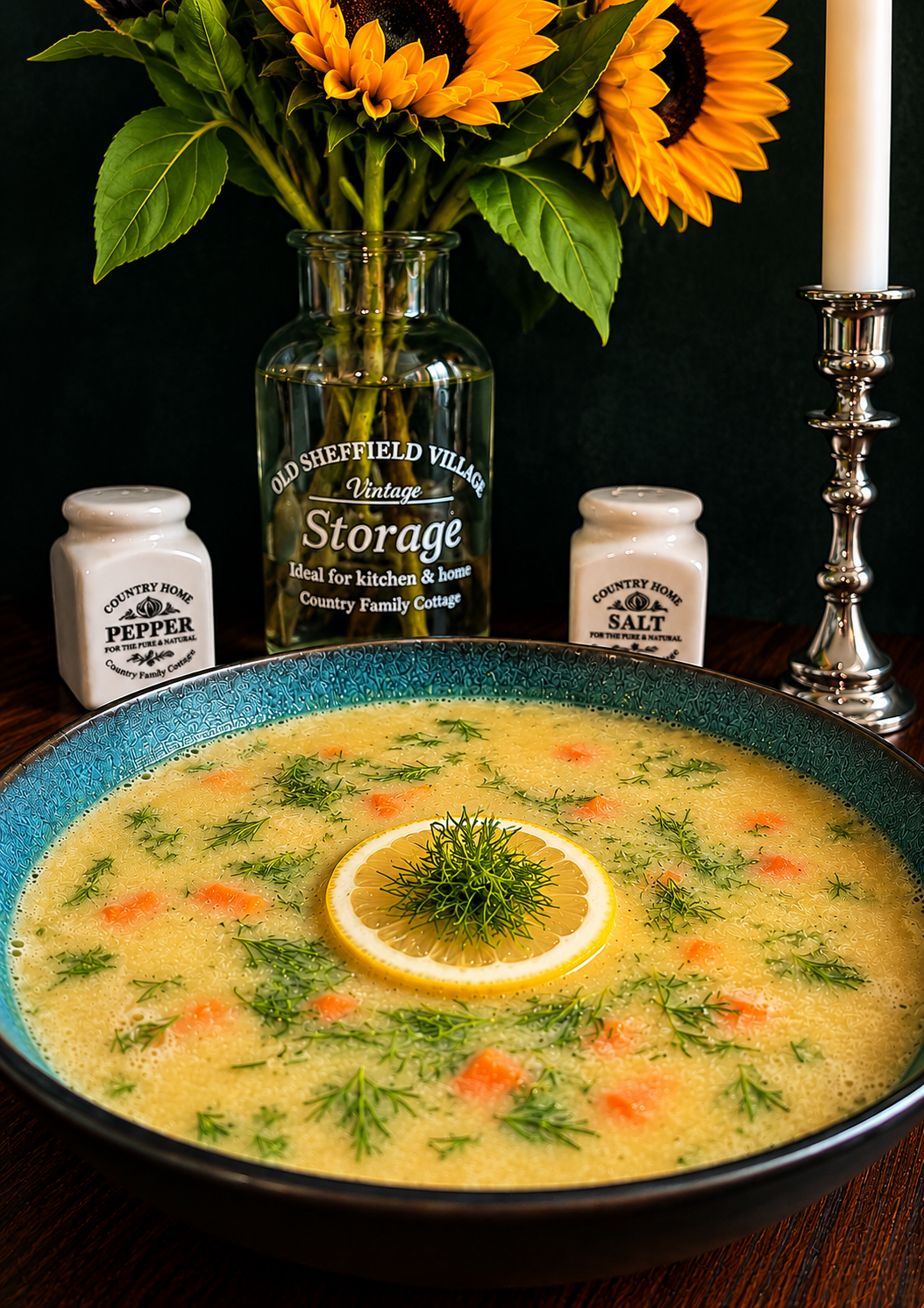 Creamy Greek vegan chickpea lemon soup with carrots, fresh dill and a lemon slice, served in a large turquoise ceramic bowl.
