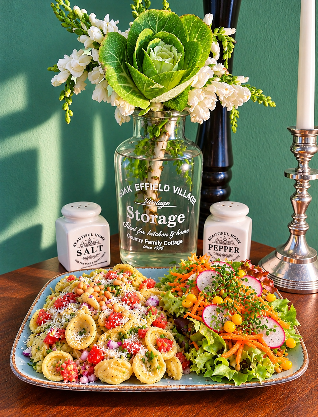 Creamy vegan avocado orecchiette with diced tomatoes, red onion, toasted pine nuts and grated vegan Parmesan alternative, served with a colorful crunchy vegetable salad.
