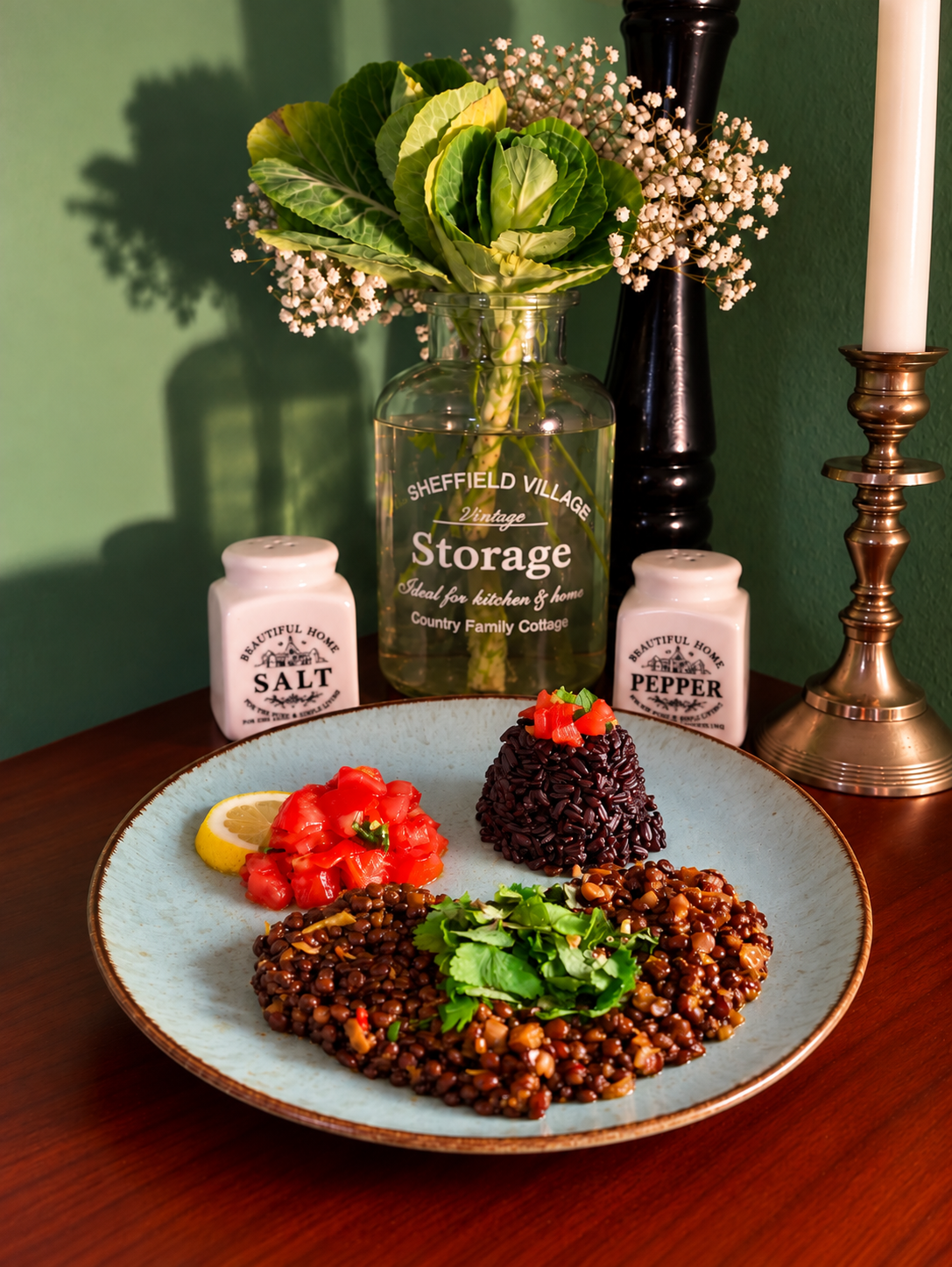 Hara Dhaniya Dal, Indian-inspired green coriander curry with black Beluga lentils, fresh coriander, aromatic spices and black rice, beautifully arranged on a serving plate.