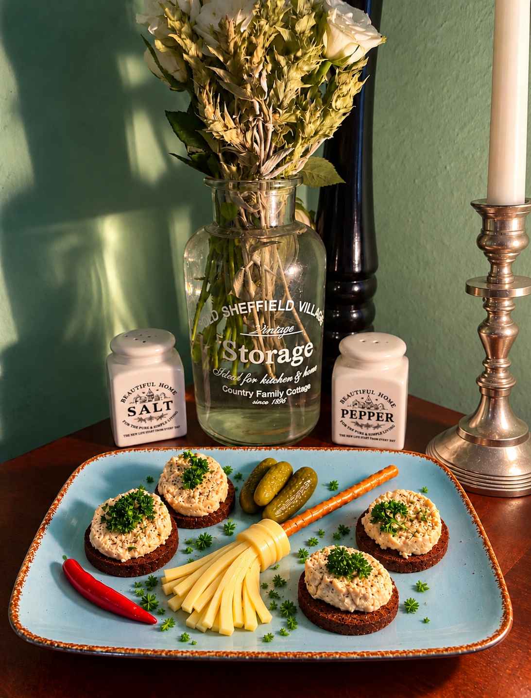 Homemade Bavarian vegan Gelbvurst sliced and served with spicy cornichons and a miniature witch’s broom on a plate.