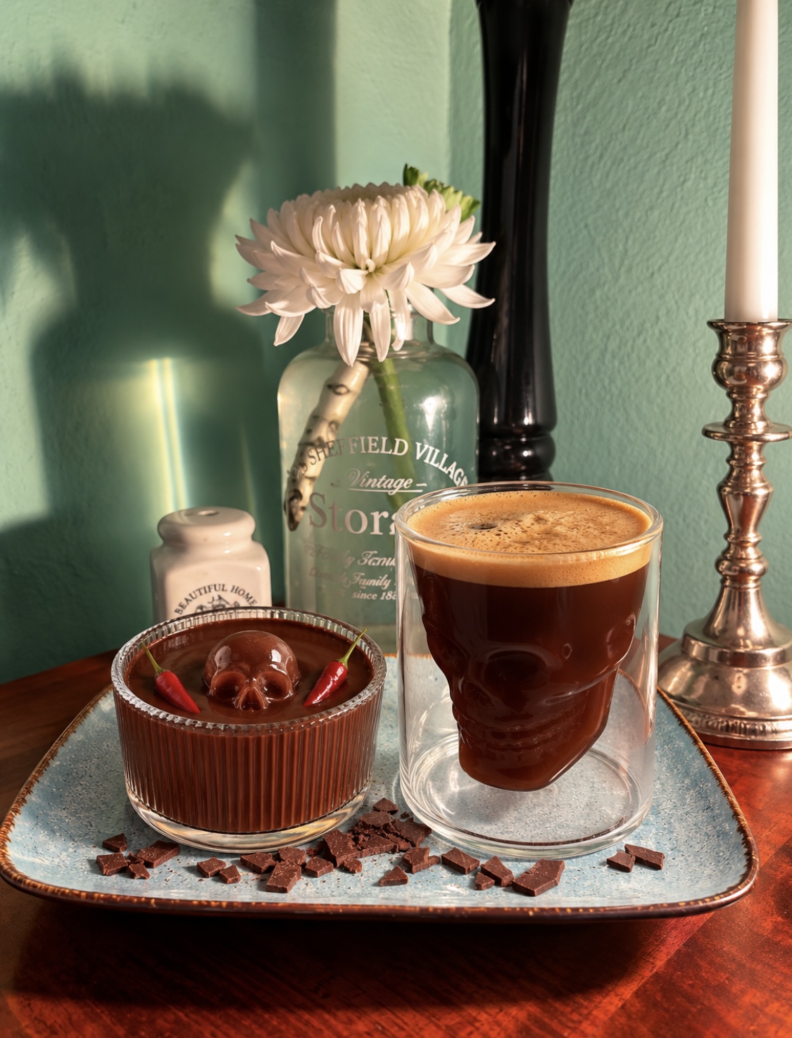 Hungarian-inspired vegan chocolate soup with chili in a dessert glass, decorated with a skull-shaped espresso ice cube, served with black coffee.