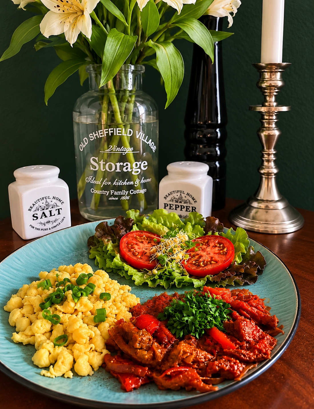 Hungarian vegan goulash with rich red paprika sauce, vegan meat pieces, red bell peppers and fresh parsley, served with homemade golden egg-free Galuska dumplings topped with spring onions and a small green salad with tomatoes and sprouts on a turquoise ceramic plate.