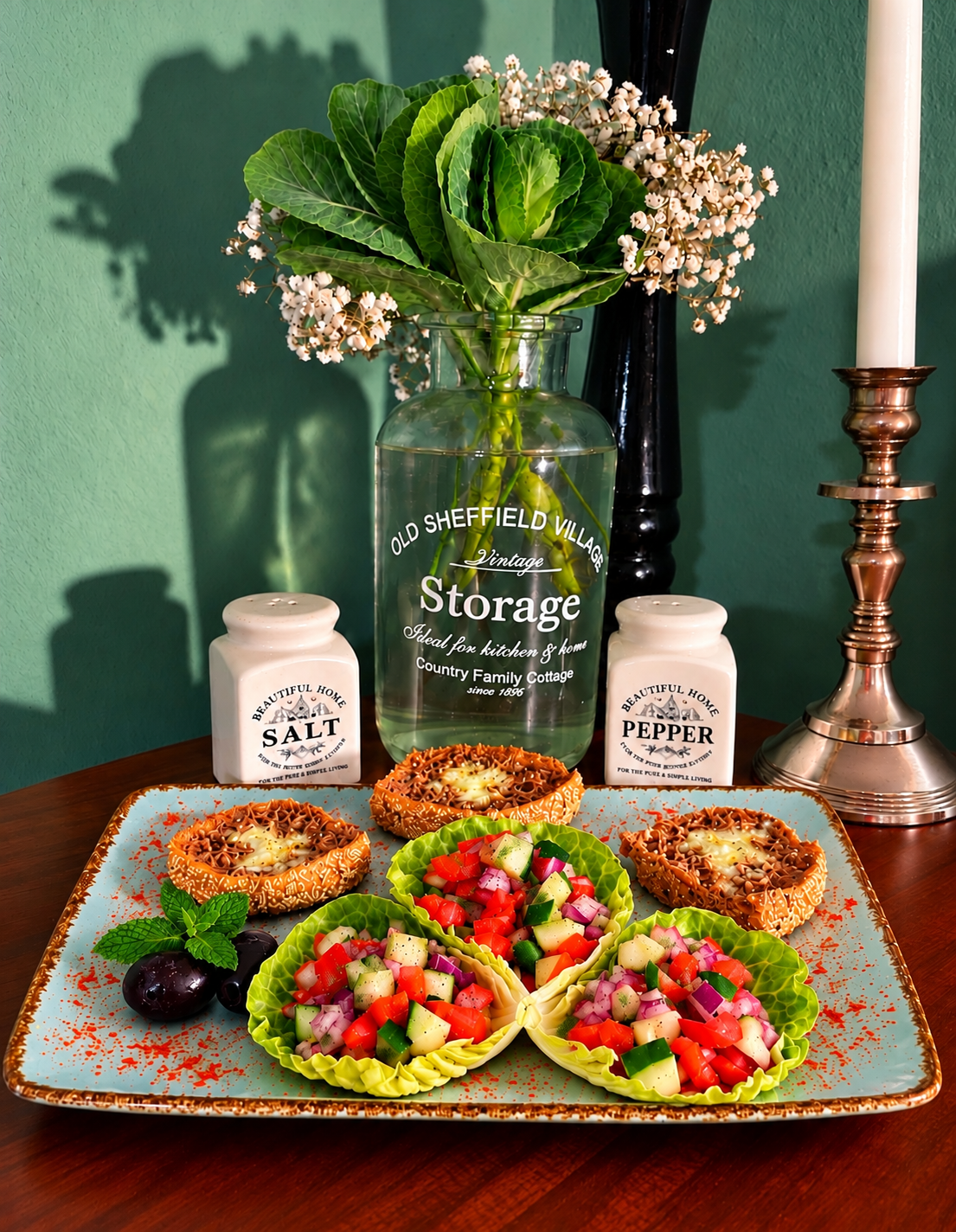 Vegan Persian Salad-e Shirazi with finely diced tomatoes, cucumber and red onion, seasoned with lime, dried mint, garlic, harissa and sumac, served in three crisp romaine lettuce boats with black olives and three golden baked flatbread pieces.