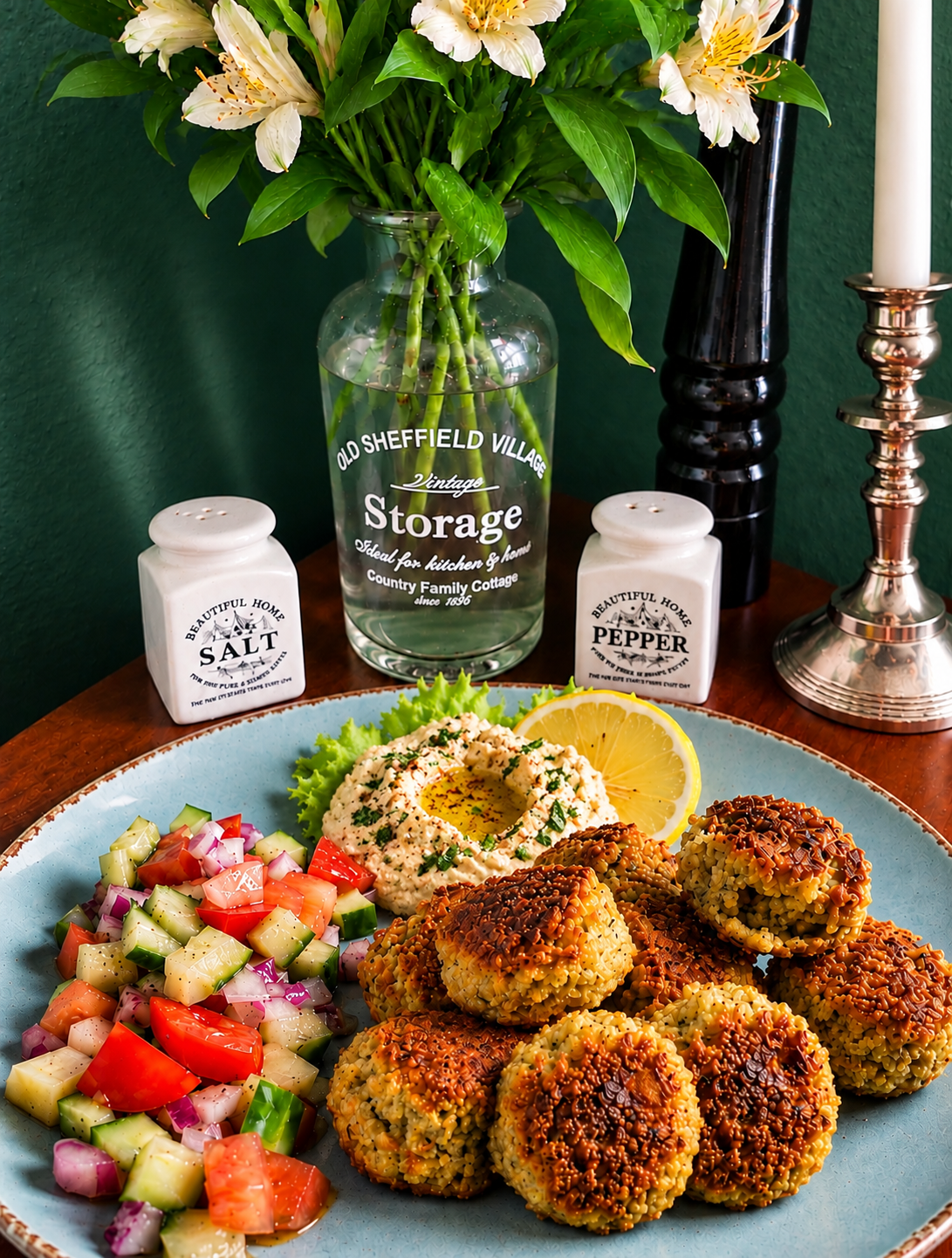 Golden-brown vegan chickpea falafel with a crispy crust, served alongside creamy tahini hummus with an olive oil well, fresh tomato-cucumber-red onion salad, green lettuce and a lemon slice on a pale blue ceramic plate.