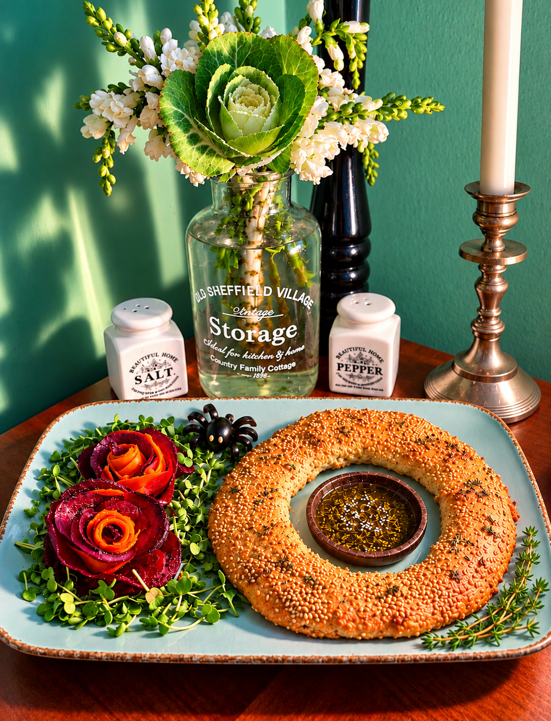 Homemade Jerusalem sesame bagels with fresh za’atar, olive oil, vegan cashew cream cheese and delicate beetroot and carrot roses inspired by the Rose of Jericho.