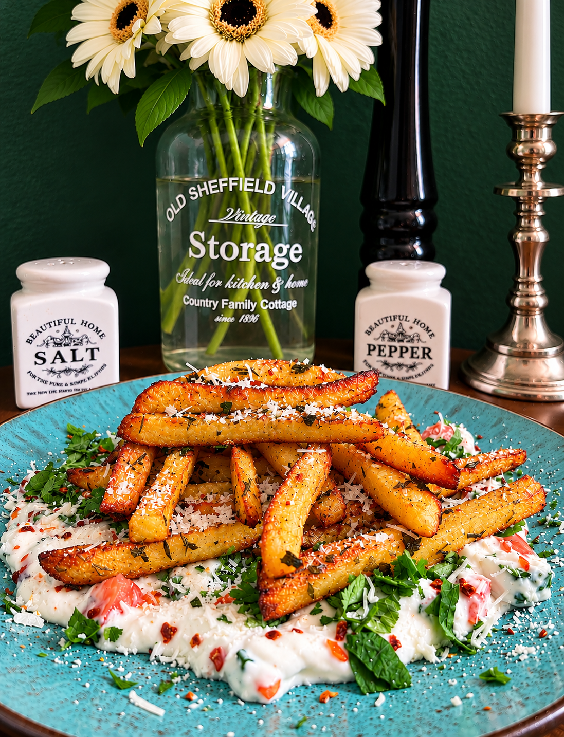 Jamaican-inspired roasted sweet potato rounds with golden caramelized edges, aromatic spices, fresh thyme and a creamy vegan lime coriander yogurt dip, served on a rustic turquoise ceramic plate.