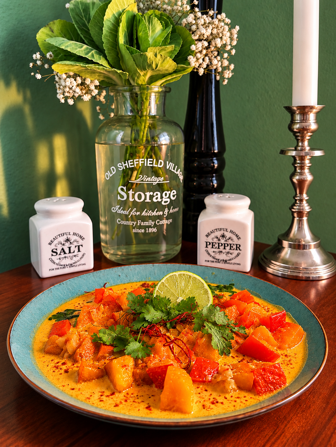 Vegan Cambodian Khmer Pumpkin Curry with tender Hokkaido squash in a creamy golden coconut sauce, garnished with fresh coriander, a lime slice, delicate chilli threads and a sprinkle of chilli powder, served on a turquoise ceramic plate.