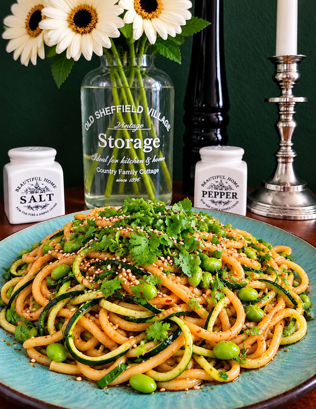 Korean-inspired stir-fried zucchini noodles mixed with Udon, edamame, spring onions and sesame seeds, generously topped with fresh coriander on a turquoise ceramic plate.