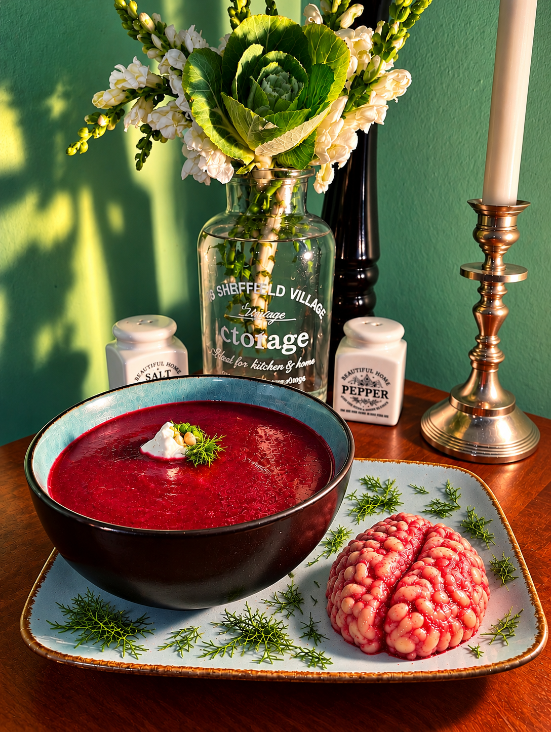 Traditional warm Latvian beetroot soup with fresh dill and vegan sour cream, served with homemade Halloween brains made from tofu and pine nuts, finished with a pink beetroot glaze.