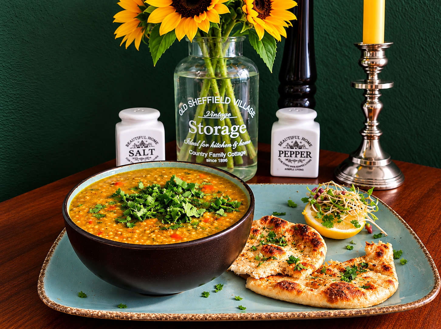 Creamy golden Lebanese red lentil soup topped with fresh coriander in a rustic dark ceramic bowl, served with golden flatbread and a lemon wedge garnished with sprouts on a turquoise ceramic platter.