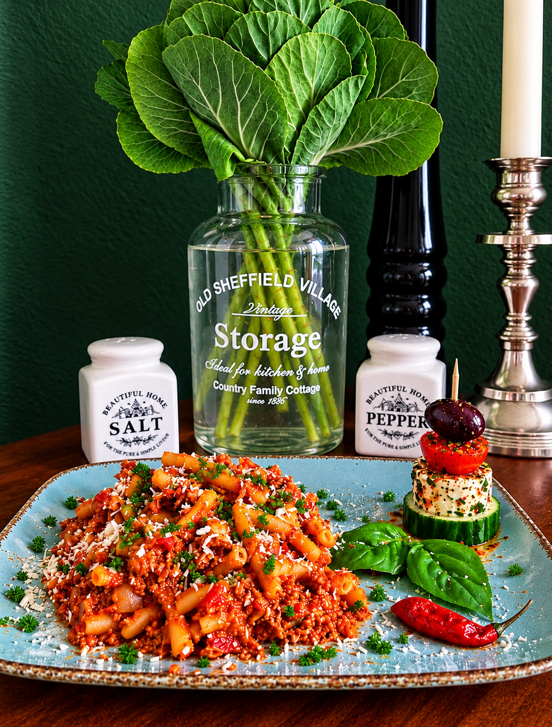 Libyan Vegan Mbakbaka with short pasta, vegan mince, rich spicy tomato sauce, fresh parsley and grated vegan cheese, served on a turquoise ceramic plate with a decorative cucumber, vegan cheese, tomato and olive skewer, fresh basil and a red chili.