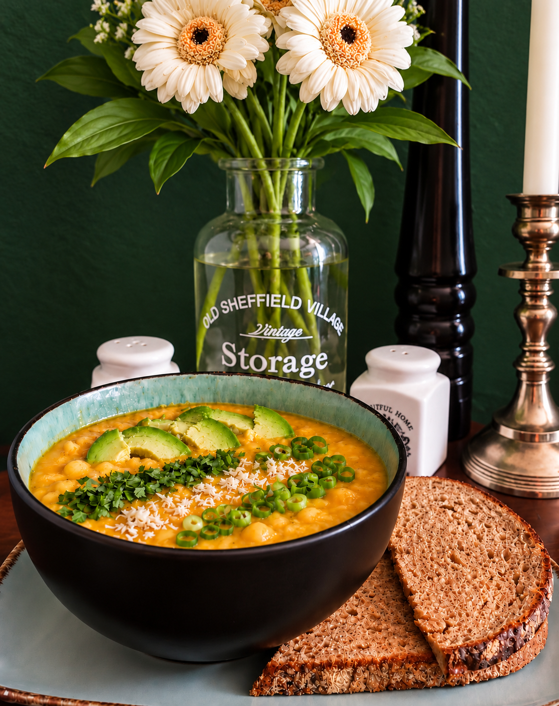 Creamy vegan Ecuadorian Locro de Papa potato soup with neatly arranged avocado slices, fresh coriander, spring onions and grated vegan cheddar.