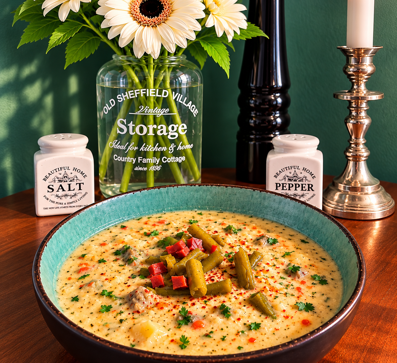 Luxembourgish Bouneschlupp, a creamy vegan green bean and potato soup topped with whole green beans, diced vegan bacon and fresh herbs in a rustic turquoise bowl.