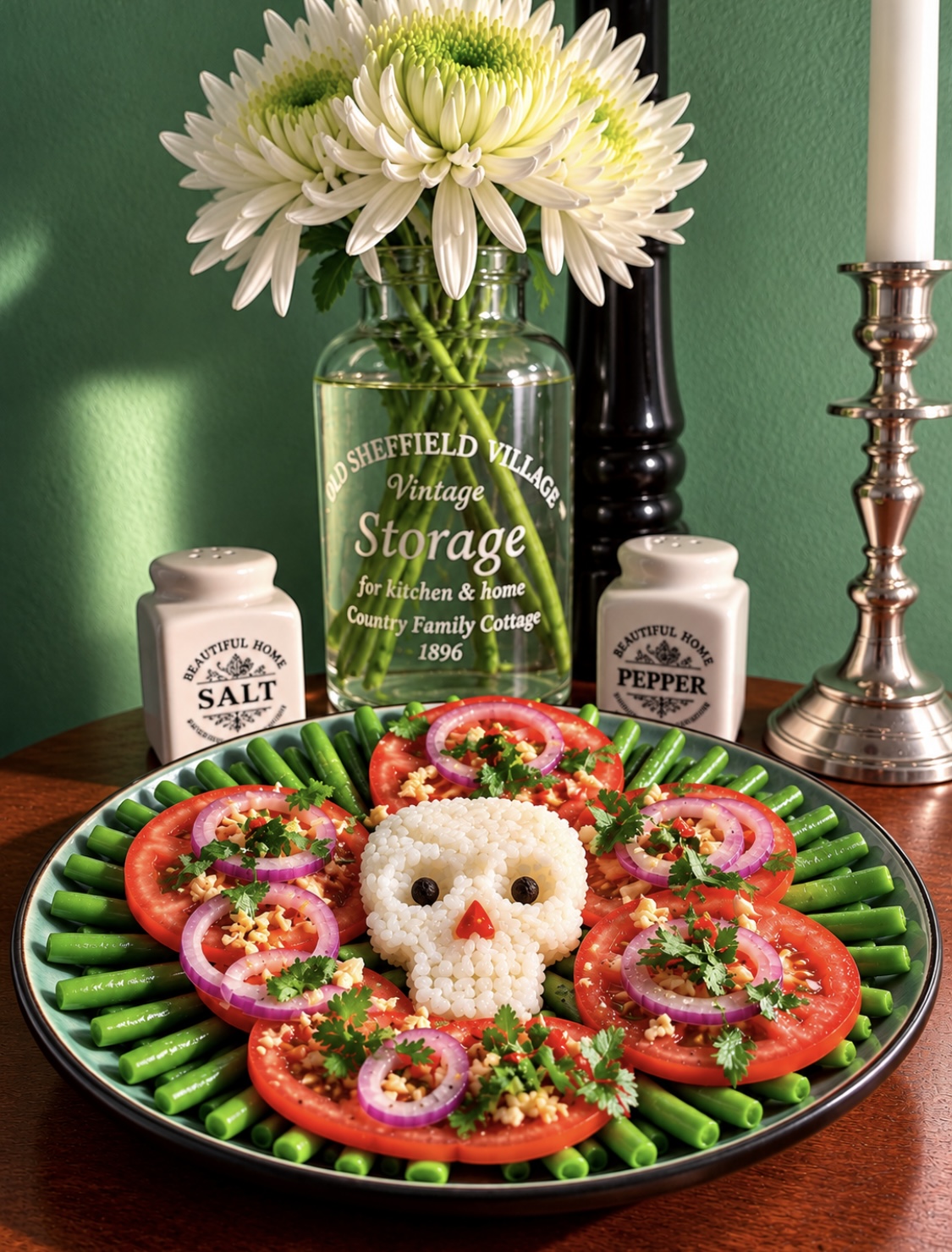 Vegan Madagascar Lasary Voatabia with fresh tomato slices, tender green beans, red onion rings, coriander and a Halloween skull made from sticky white rice, decorated with peppercorn eyes and a red chilli nose.