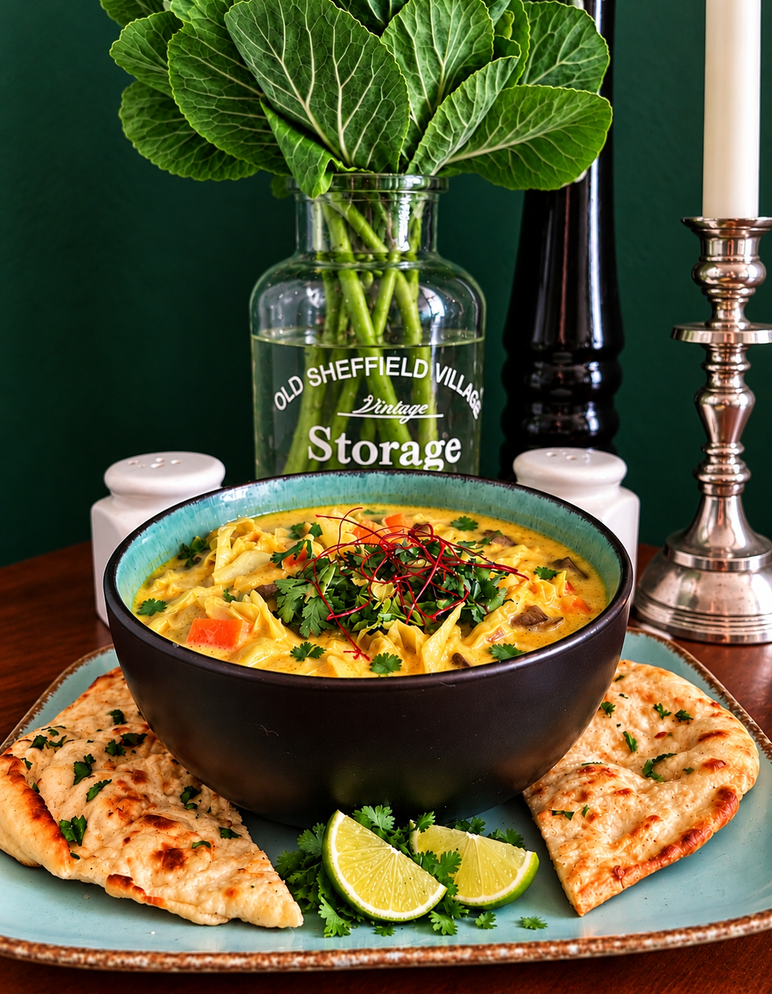 Malaysian Sayur Lodeh with golden coconut curry broth, vegetables, fresh coriander and red chili threads in a black bowl, served with toasted flatbread and lime wedges.