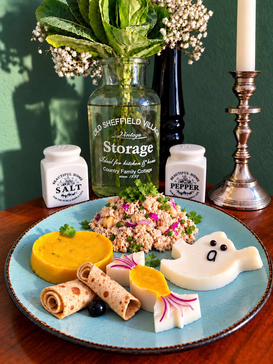 Traditional Maldivian-inspired vegan Mas Huni with plant-based tuna, freshly grated coconut, red onion, green chili and lime, served with homemade Roshi flatbread and Halloween ghost, pumpkin and candy decorations made from silken tofu.