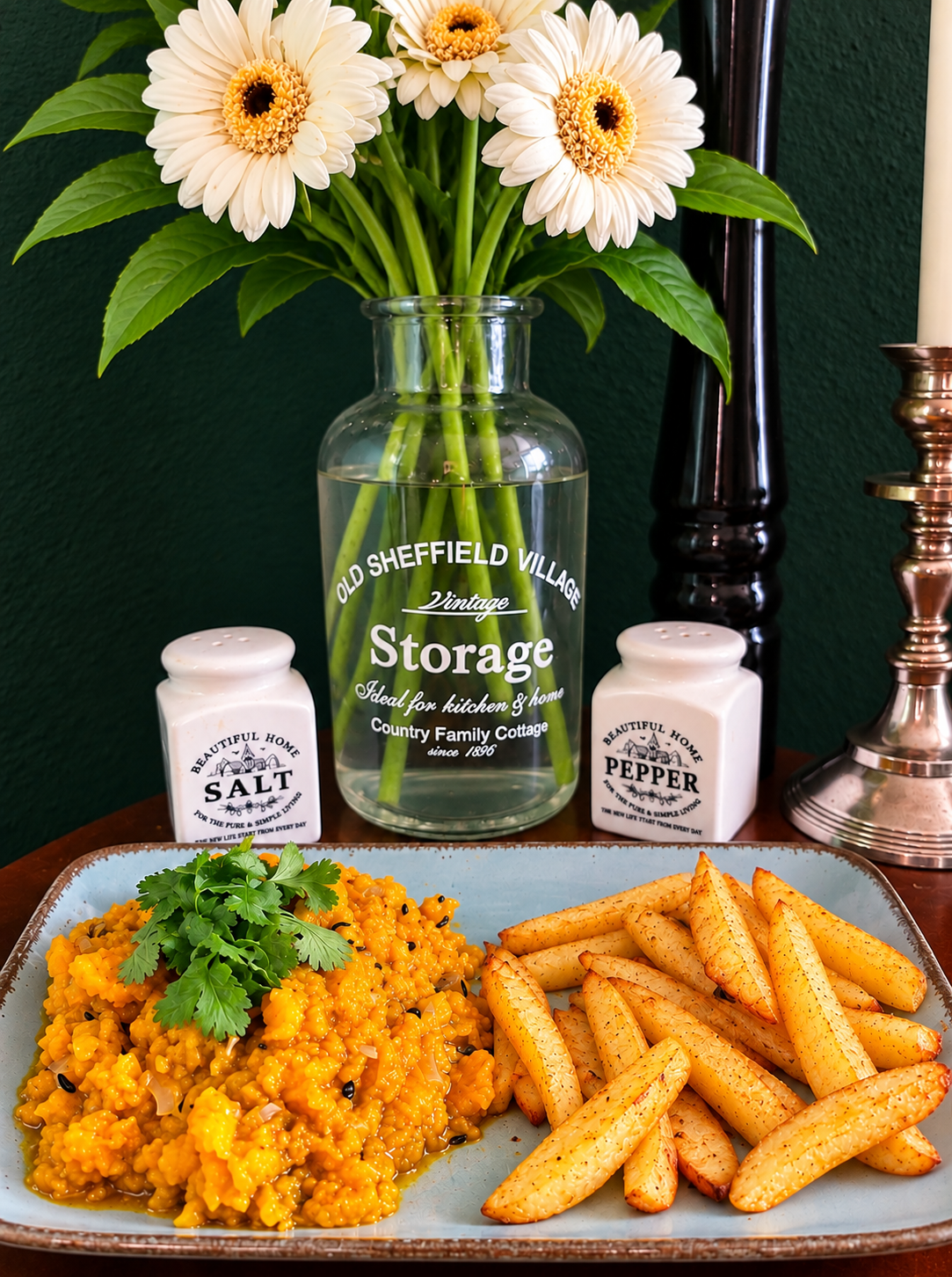 Mauritian Pumpkin Curry served with golden crispy potato wedges and fresh coriander on a rustic blue ceramic plate.